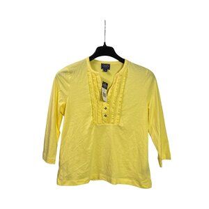 Chaps Womens Lemon Yellow 3/4 Sleeve Top Ruffle Detail Buttons L Cotton New